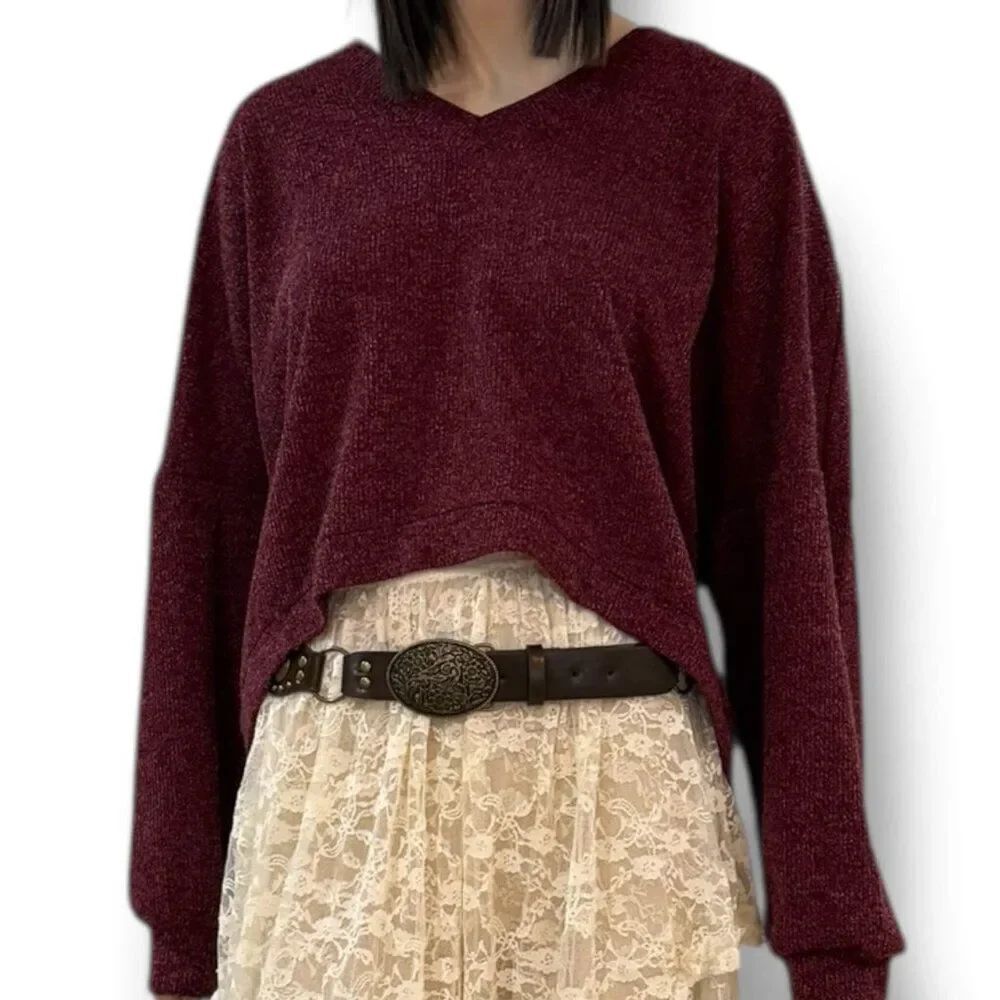 Oversized Burgundy V Neck Fuzzy Knit Sweater Band of Gypsies NWT